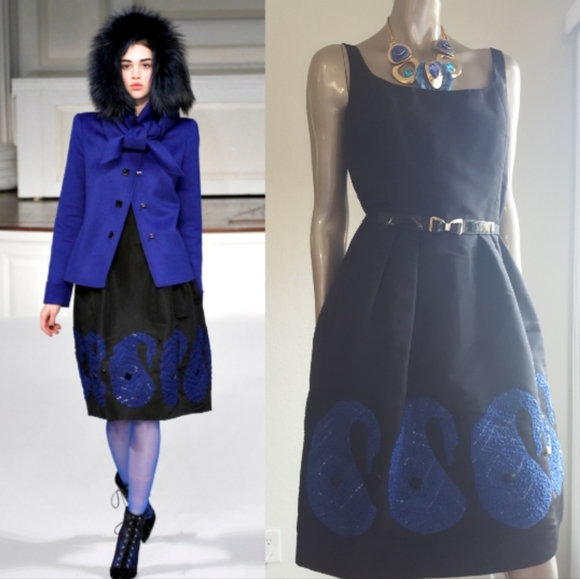 *$4,000 OSCAR DE LA RENTA GORGEOUS BLACK BLUE BEADED RUNWAY SILK DRESS US 0, M - Picture 11 of 13
